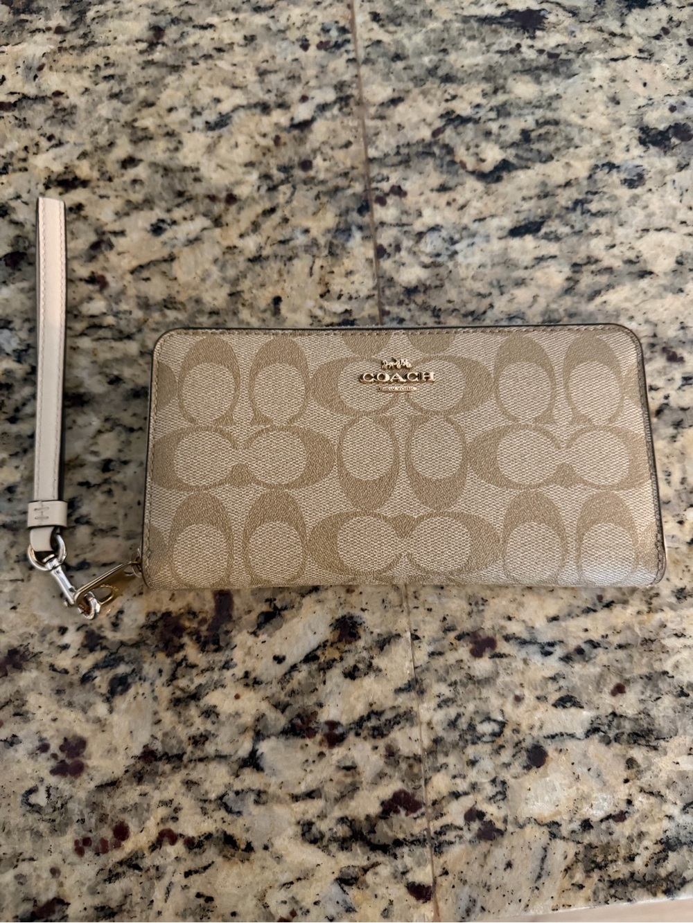 Coach Beige Signature Canvas Zip Wallet with Detachable Wristlet